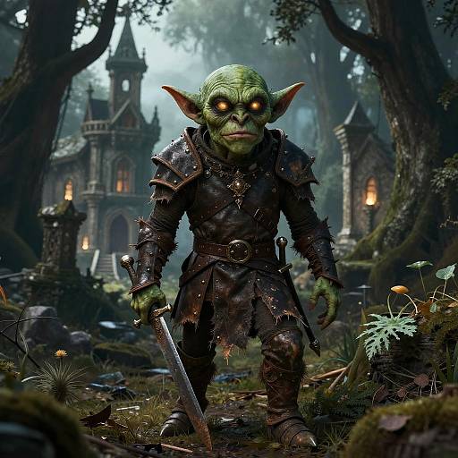 Medieval Green Goblin in Dark Forest