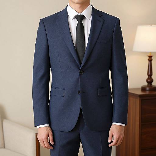 Photograph of a man wearing a dark navy suit, white shirt, and black tie, standing in a softly lit room with a wooden table and lamp