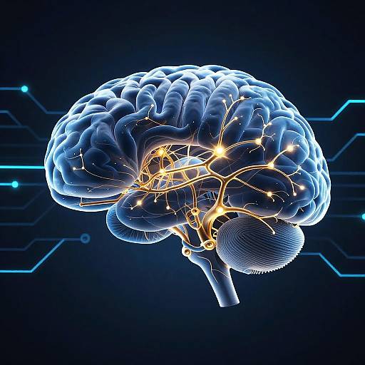 Digital CGI of a glowing, blue, 3D-rendered brain with yellow neural networks, set against a dark blue, circuitry background.