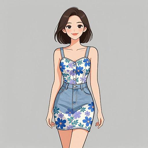 Digital anime-style drawing of a smiling woman with shoulder-length black hair, wearing a blue floral romper, white background.