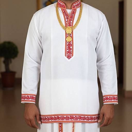 Photograph of a man in a white traditional long-sleeve shirt with red and gold intricate embroidery, standing indoors.