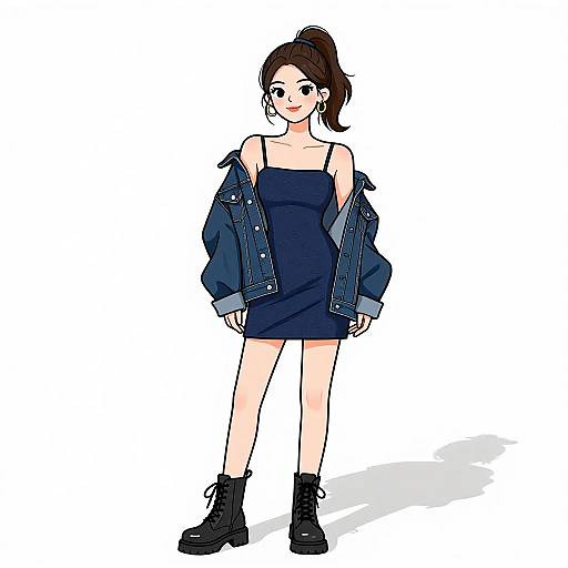 Digital anime-style drawing of a young woman with dark hair in a ponytail, wearing a navy dress, denim jacket, and black ankle boots, standing