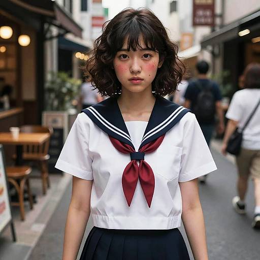 Photograph of a young Asian girl with curly brown hair, wearing a white Japanese school uniform with red neckerchief, standing in a busy urban street