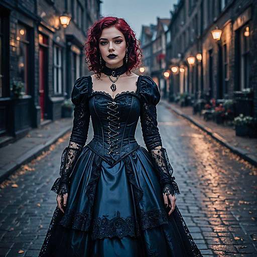 Woman in Gothic Victorian Dress on Cobblestone Street
