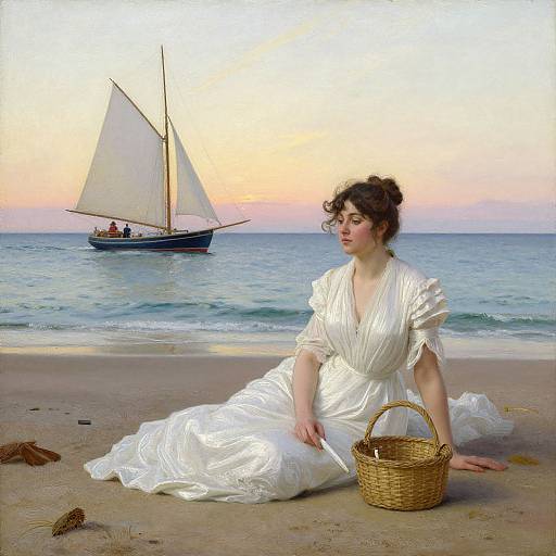 Photograph-style painting of a fair-skinned woman in a white dress sitting on a sandy beach, basket beside her, sailboat in the calm ocean