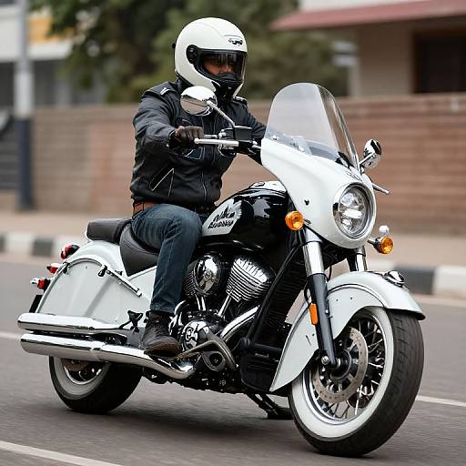 Photograph of a man in black jacket and jeans riding a white motorcycle with large windshield, wearing a white helmet, on a city street.