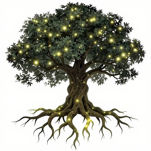 Digital illustration of a dark, leafy tree with glowing yellow fireflies scattered among its branches, set against a white background.