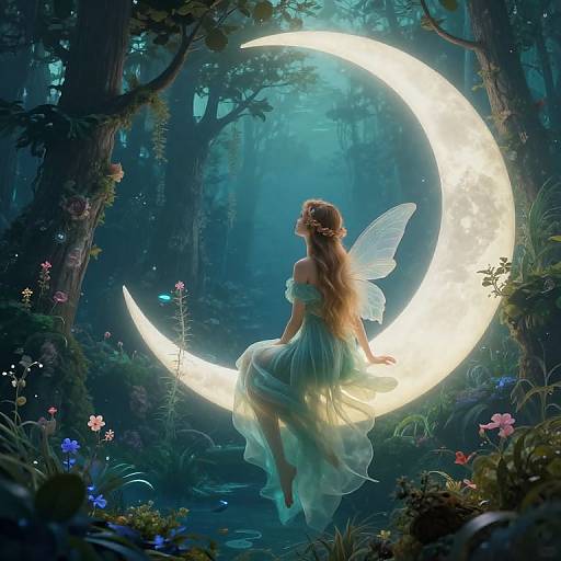 Fairy with long brown hair and translucent wings sitting on glowing crescent moon in enchanted forest, surrounded by flowers and mist. Digital fantasy artwork.