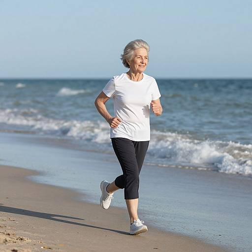 Photograph of an elderly woman with short gray hair, wearing a white T-shirt, black capri pants, and white sneakers, jogging on a sandy