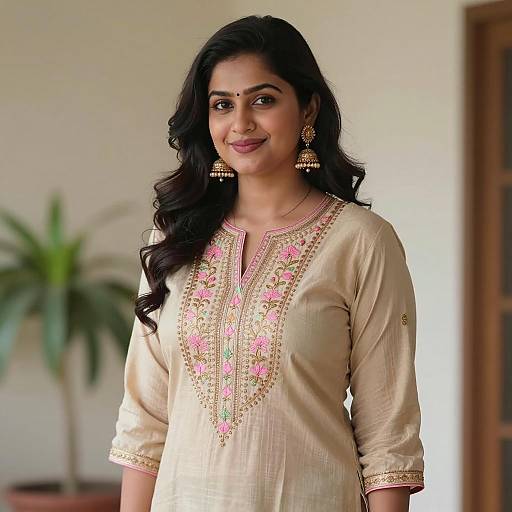 Smiling Indian Woman in Embroidered Kurti