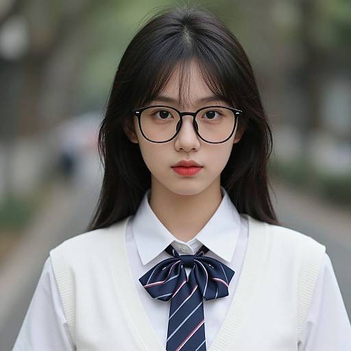 Photograph of an Asian woman with long black hair, wearing black-rimmed glasses, a white shirt, and a navy striped bow tie, standing
