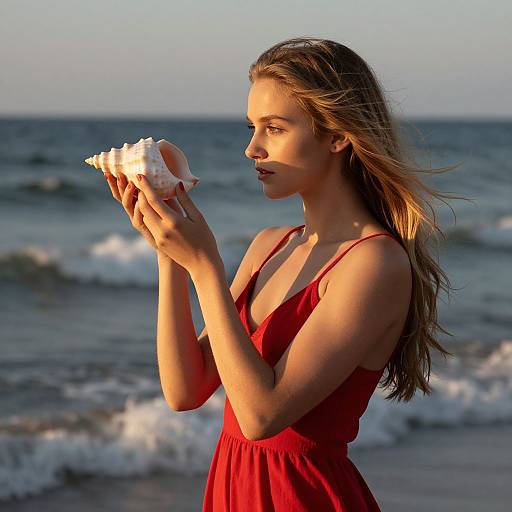 Photograph of a young woman with long brown hair, wearing a red dress, holding a white seashell, standing on a beach at sunset,