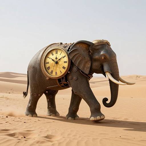 Photograph of a life-sized, dark grey, textured elephant with a large, round, vintage-style clock on its back, walking in a sunlit