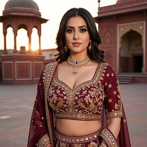 Photograph of a beautiful Indian woman with dark hair, wearing an ornate maroon and gold traditional outfit, standing in front of a red sandstone