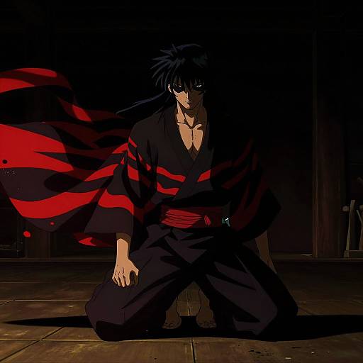 Digital anime artwork of a dark-haired, intense-eyed male ninja in black and red kimono, kneeling on wooden floor in shadowy room.