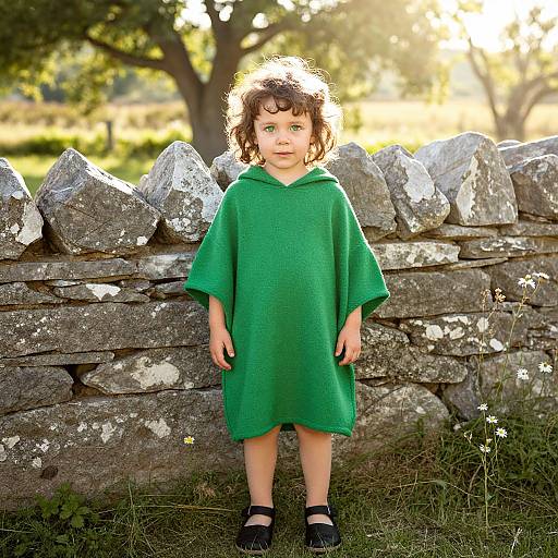 Child in Green Poncho by Stone Wall