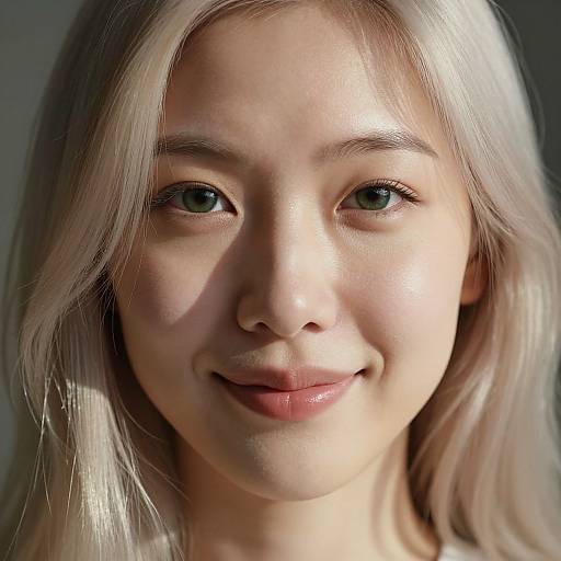 Close-up photograph of a young Asian woman with light blonde hair, fair skin, green eyes, and a subtle smile, illuminated by soft natural light.