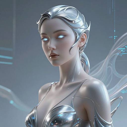 Digital CGI of a futuristic, silver-haired woman with glowing blue eyes, metallic armor, and sleek, robotic elements in a high-tech background.