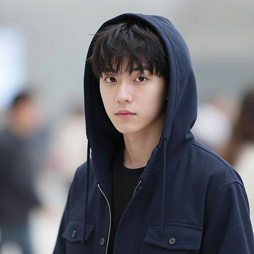 Photograph of an Asian teenage boy with fair skin, black hair, and brown eyes, wearing a black hooded jacket, standing in a blurred,