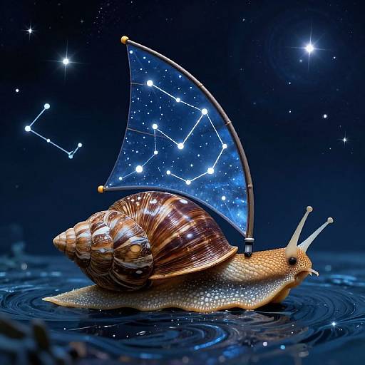 Digital artwork of a snail with a spiral shell and a sail-like structure adorned with a constellation pattern, gliding on water under a starry night
