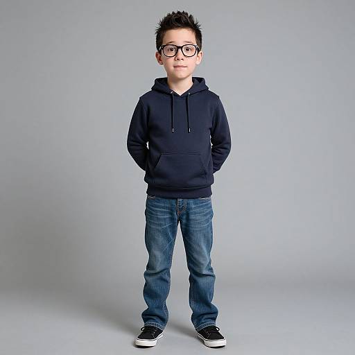 Photograph of a young boy with short black hair, wearing black glasses, a navy hoodie, blue jeans, and black sneakers, standing against a plain