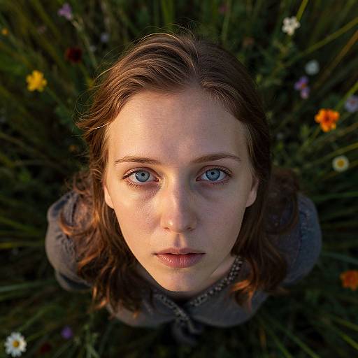 Photograph of a young woman with blue eyes, light skin, and brown hair, looking up at the camera in a grassy field with colorful wild