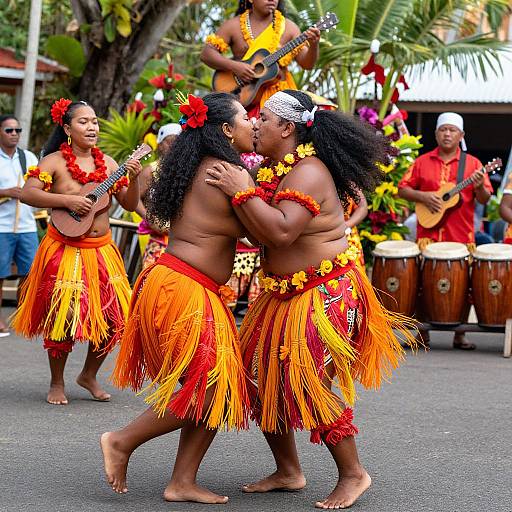 Photograph of two Polynesian dancers in orange and red grass skirts, kissing, surrounded by musicians with drums and guitars, in a tropical street festival
