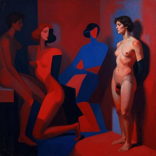 Photorealistic painting of four nude women with bold, red and blue geometric shadows, standing and sitting in a dimly lit room.