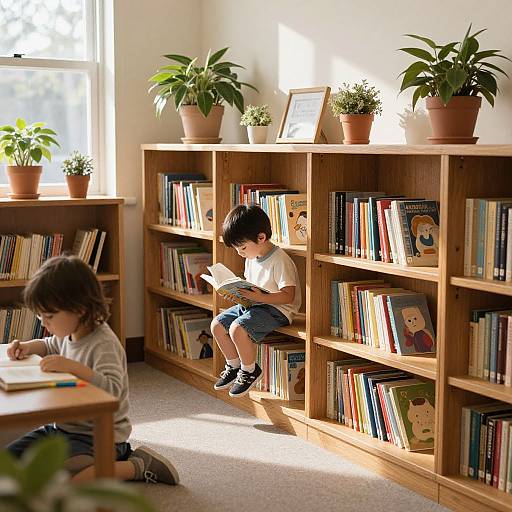 Photograph of two children reading in a sunlit room with wooden bookshelves filled with colorful books, topped with potted plants.