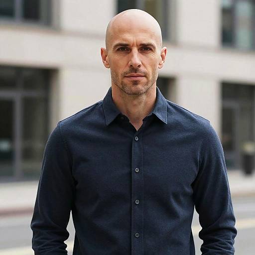 Photograph of a bald, middle-aged man with a trimmed beard, wearing a dark navy blue button-up shirt, standing in front of a blurred urban