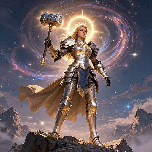 Digital artwork of a radiant, armored warrior woman with golden halo, holding a glowing hammer, standing on a mountain under a starry, swirling cosmic sky