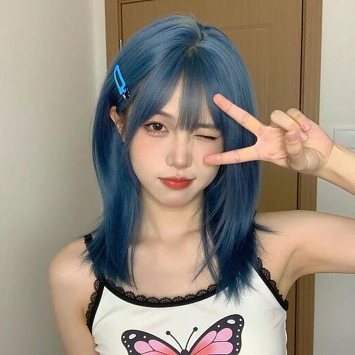 Winking Asian Woman with Blue Hair