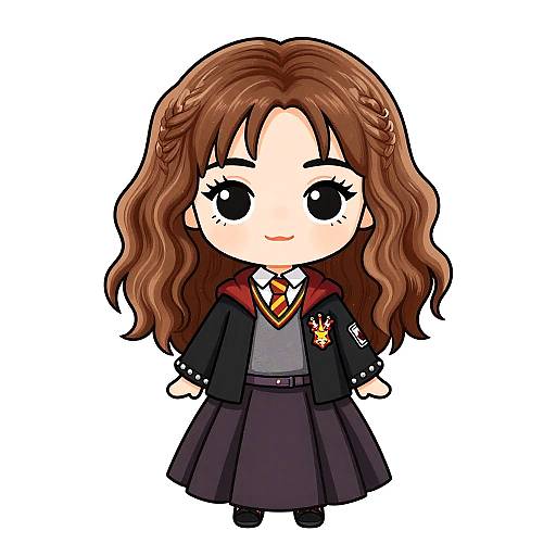 Chibi-style digital drawing of a girl with long brown wavy hair, wearing a Hogwarts-style school uniform with a red and black jacket, grey shirt