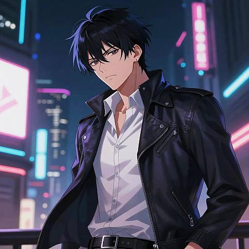 Anime-style digital drawing of a handsome, black-haired man with blue eyes, wearing a black leather jacket over a white shirt, standing in a neon-l