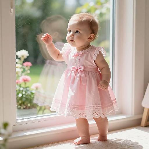 Photograph of a cute baby girl with light skin, wearing a pink lace-trimmed dress, standing by a sunlit window, gazing outside