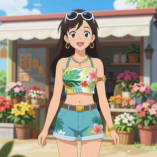 Anime-style drawing of a smiling woman with long black hair, wearing a floral crop top, blue shorts, and jewelry, standing in front of a flower