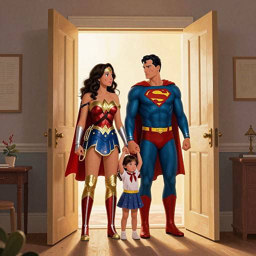 Digital art of Superman, Wonder Woman, and a young girl holding hands, standing in a sunlit doorway, wearing iconic superhero costumes.