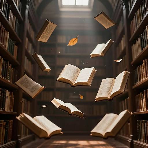 Ethereal Floating Books in Ancient Library
