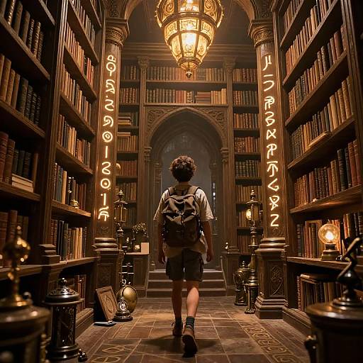 Photograph-style digital art of a boy with curly hair, backpack, and shorts walking through a dimly lit, ornate library with Japanese text illuminated