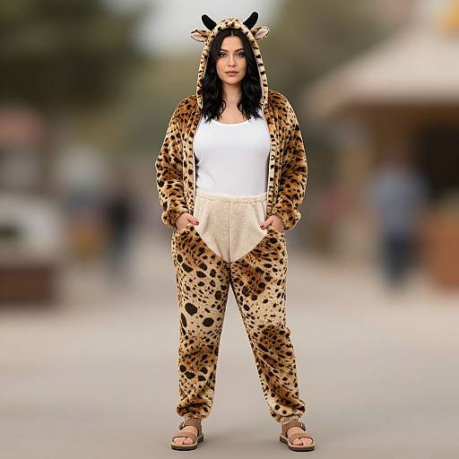 Photograph of a woman with black hair, wearing a leopard-print hooded onesie, white tank top, beige pants, and sandals, standing on