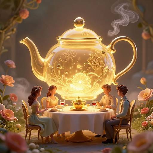 Digital illustration of a glowing, ornate tea kettle illuminating a romantic dinner for two in a flower-filled garden. Both wear elegant attire, with wine