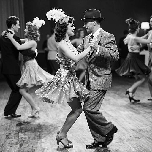 Black-and-white photograph of a 1940s-style dance couple in mid-dance, surrounded by other dancers in elegant, vintage attire.