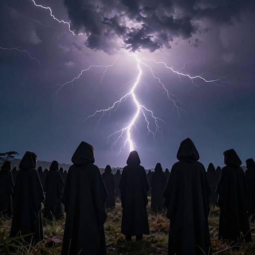 Photograph of silhouetted hooded figures standing in a grassy field under a dramatic, lightning-filled night sky with dark clouds.