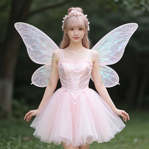 Photograph of an Asian woman with long blonde hair, wearing a white, sparkling fairy dress and translucent, glowing wings, standing in a dark forest.