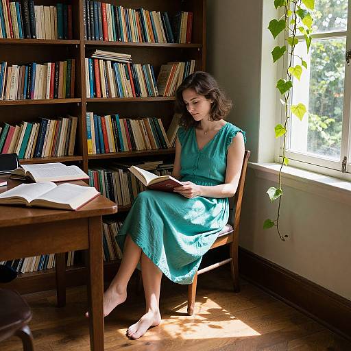 Photograph of a woman with dark curly hair, wearing a teal dress, sitting in a sunlit library reading, surrounded by colorful books.