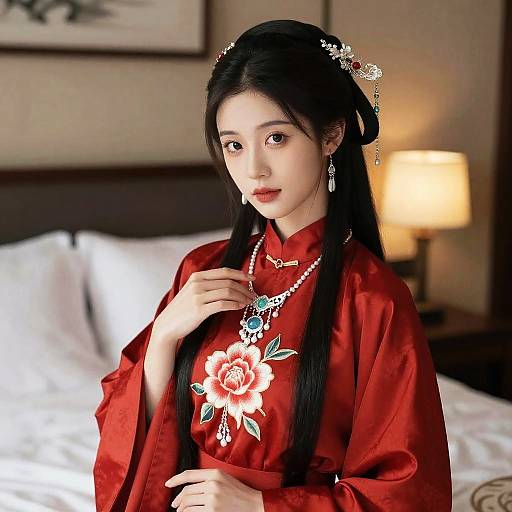 Photograph of an Asian woman with long black hair, wearing a red silk cheongsam with white floral embroidery, silver jewelry, and a floral hair