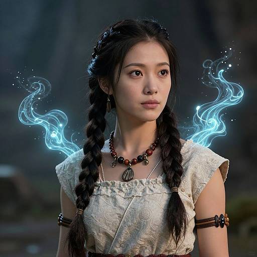 Photograph-style digital artwork of an Asian woman with braided hair, white lace dress, beaded necklace, glowing blue ethereal flames on her shoulders