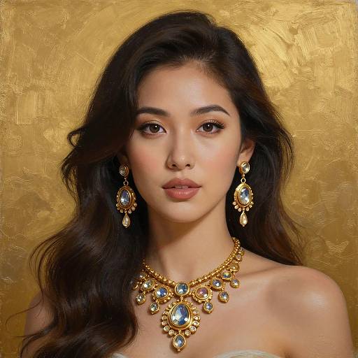 Photograph of an Asian woman with long, wavy black hair, wearing ornate gold jewelry with blue gemstones, against a textured gold background.