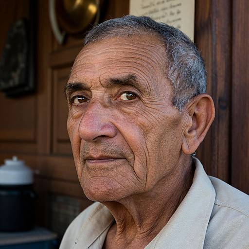 Close-up photograph of an elderly man with wrinkled, tanned skin, short gray hair, and a white shirt, standing against a wooden background.