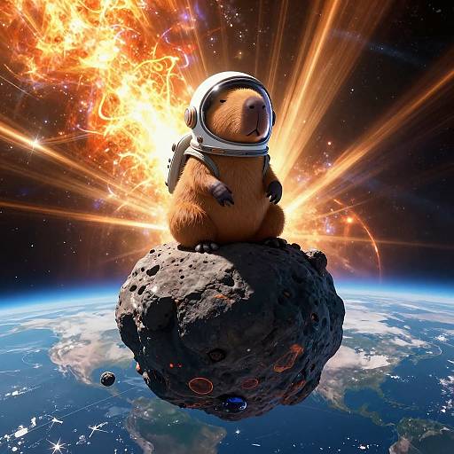 Digital artwork of a bear in a spacesuit standing on a moon crater with a fiery explosion in the background, against a view of Earth's curvature.
